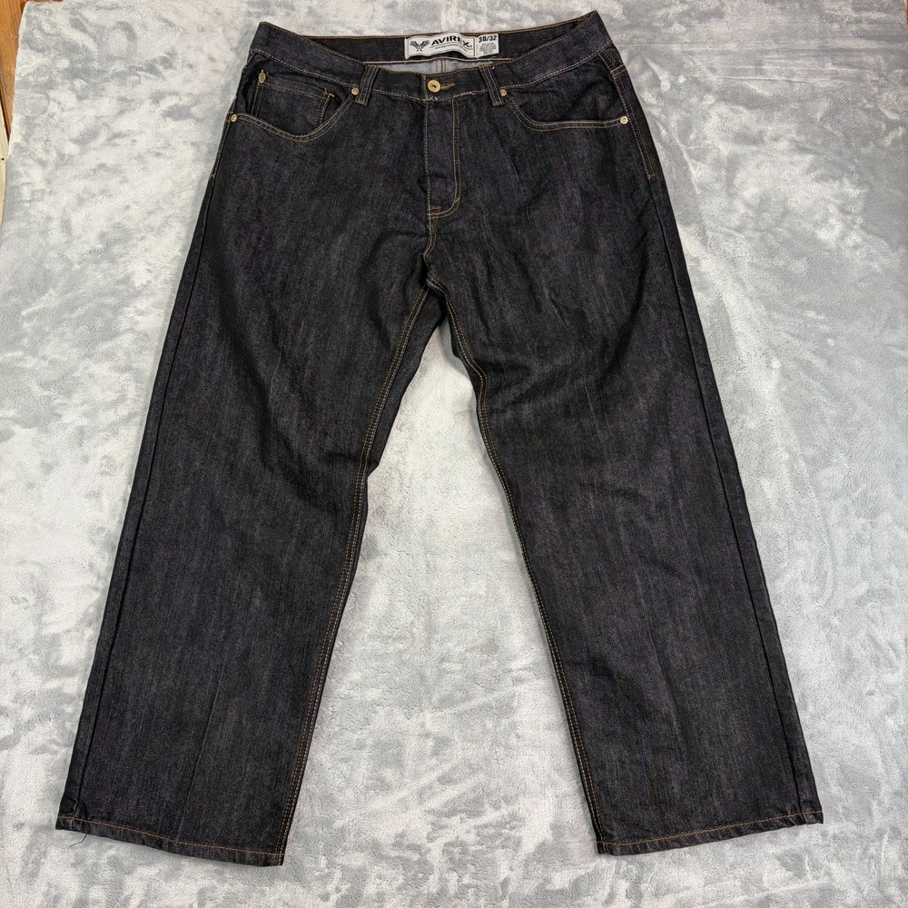 VINTAGE Avirex Jeans Men 38x32 Baggy Embroidered Y2K Black Wide Leg Pipes Skater